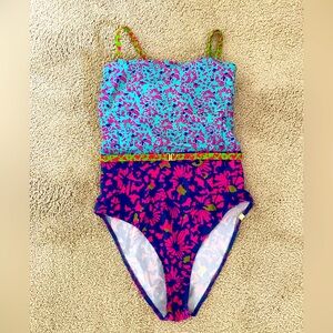 One Piece Summersalt Swimsuit- multi-color and print, convertible straps, size 6
